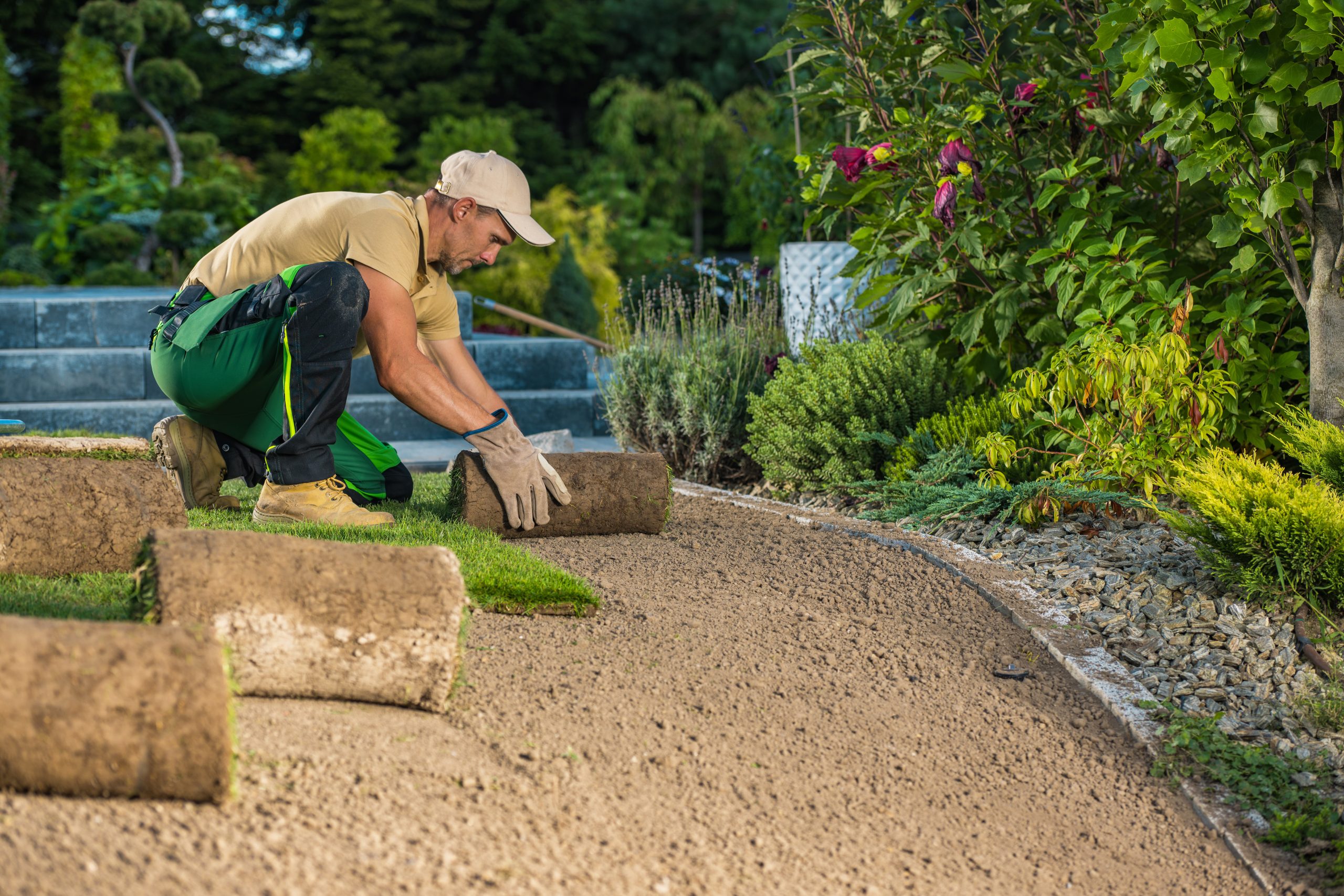 Caucasian Professional Garden and Landscaping Worker Installing Fresh Natural Grass Turfs From Rolls.